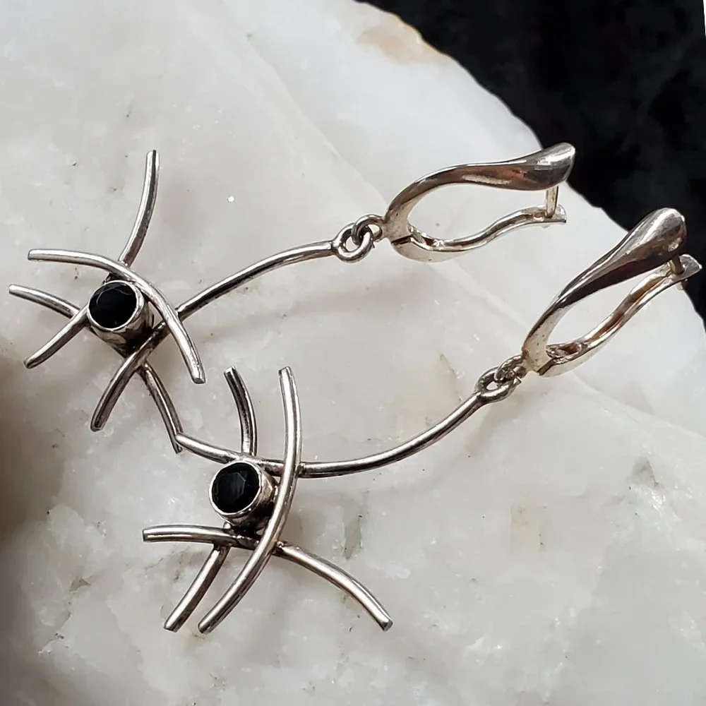 Sterling Silver 925 Earrings Natural Black Onyx Abstract Designer Silversmith